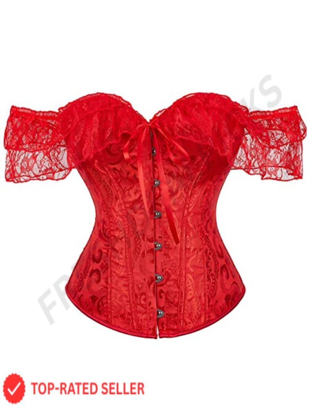 Womens Overbust Lace Up Corset Top with Off Shoulder Lace Sleeves